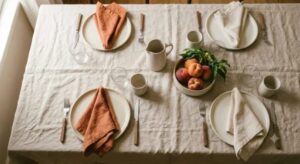 Linen table setting with ceramic plates, terracotta napkins, and fresh peaches