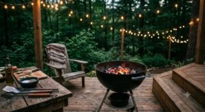 Outdoor deck with string lights, wooden chair, and a charcoal fire pit at dusk